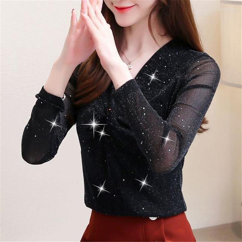 

Women's Blouses Net Yarn Shirts Women Long Sleeve Autumn V-Neck Sequins Elegant Ladies Gauze Tops Ropa De Mujer Blusas MM1095, Beige