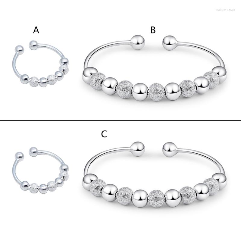 

Bangle Anxiety Ring For Women Silver Bead Adjustable Bracelets Set