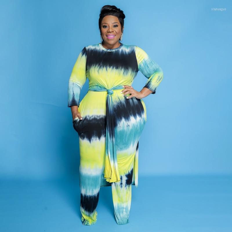 

Tracksuits 2022 Autumn And Winter Woman Two Piece Suit Plus Size Tie Dye Fashion Casual Loose Belt Large-size Women's Set, Green