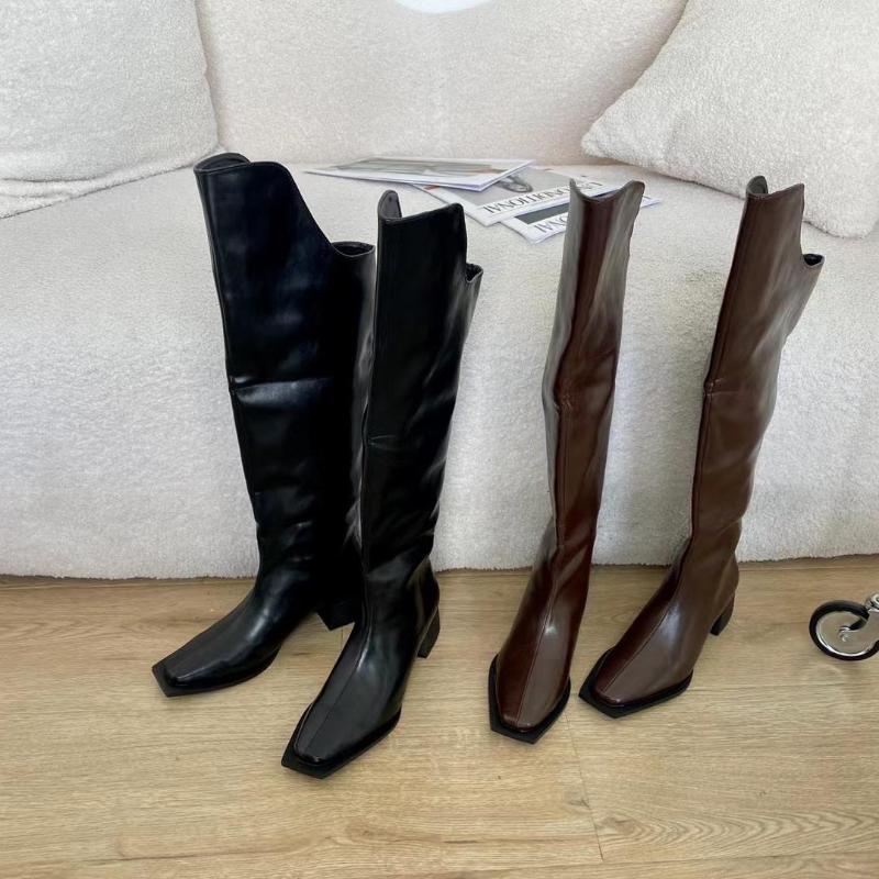 

Boots Square Toe Women Over The Knee Western Shallow Slip On Black Brown Thick Flat Mid Heels Elegant Party Pumps Knight Botas