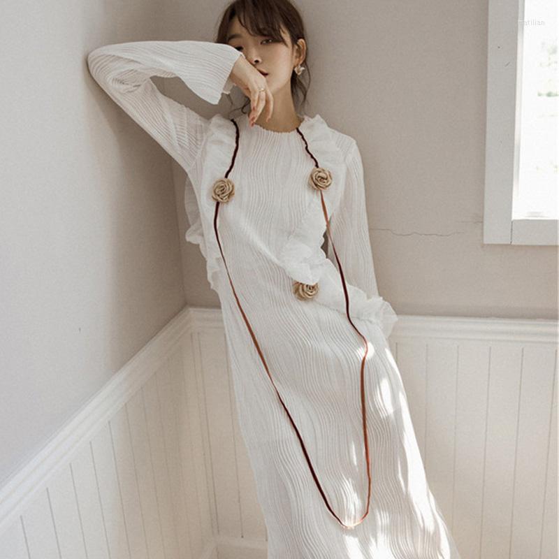 

Casual Dresses 2022 Arrived Spring Women Long Sleeve White Dress Temperament Slim Folds XZ772