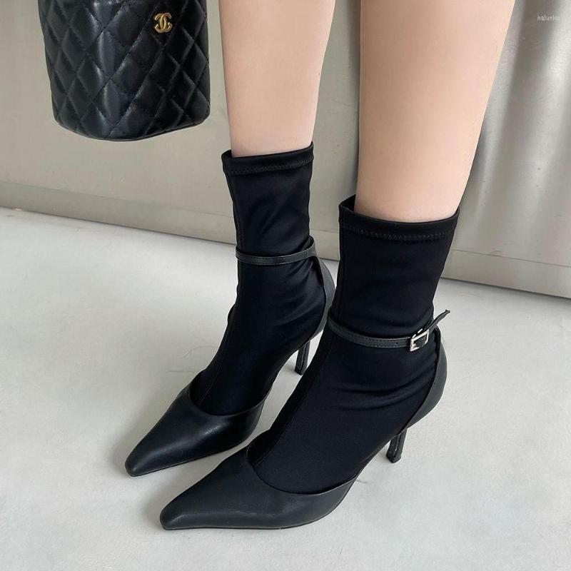 

Boots Pointed Toe Women Ankle Sock Booties Black Belt Buckle Thin High Heels Slip On Fashion Ladies Party Pumps Size 35-39