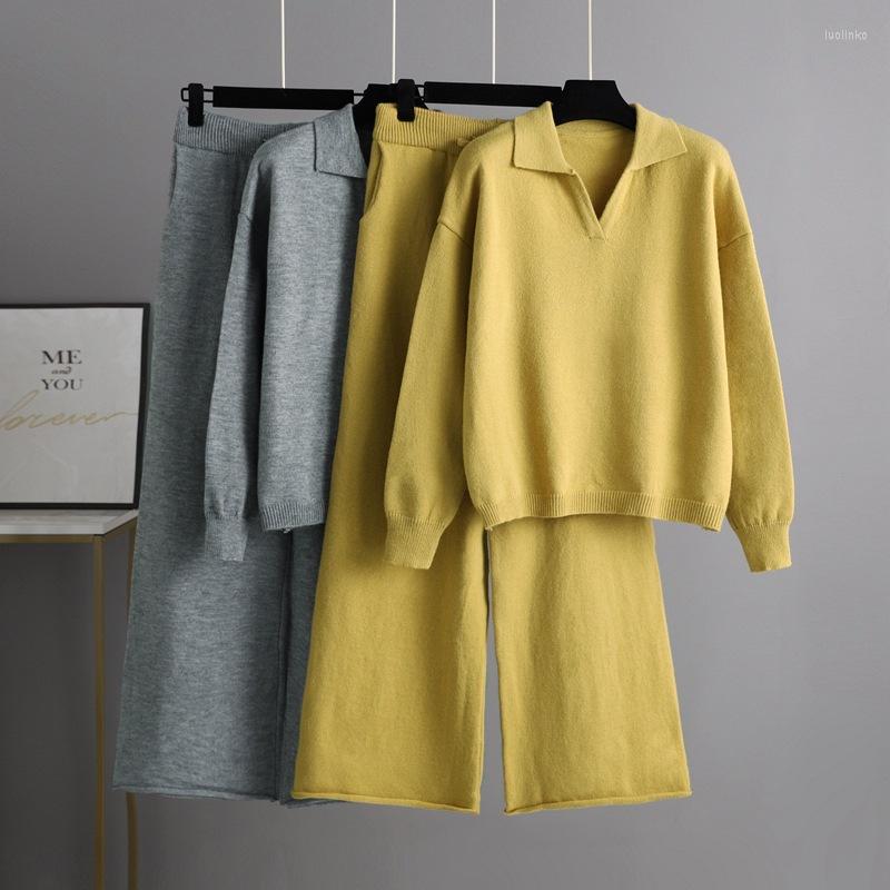 

Women's Two Piece Pants Women's Suit Lapel Long Sleeve Sweater Wide Leg Knitted Loose Polo Neck Two-piece Pant Sets, 5204-grey