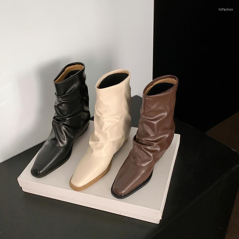 

Boots Fashion Women Mid Calf Knight Booties Black Brown Beige Winter Dress Party Pumps Flat Heels Slip On Round Toe 35-39