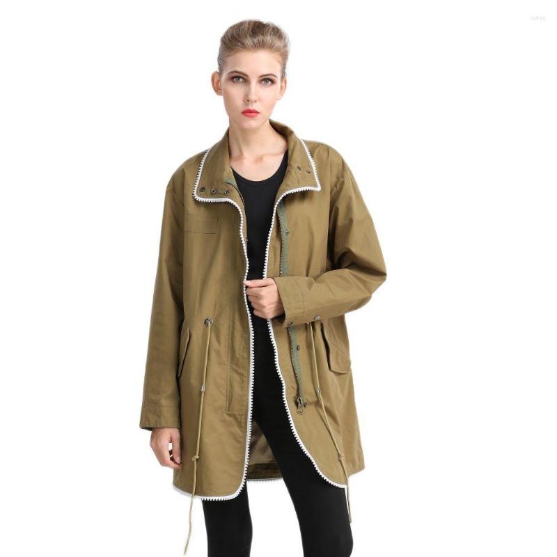 

Women' Trench Coats Khaki Long Parka With White Zipper Adjustable Waist Coat Unlined Garment Female Spring, Army green