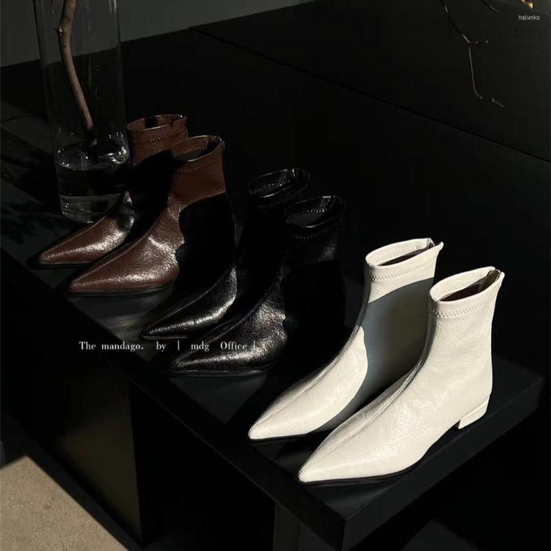 

Boots Autumn Winter Women Ankle Pointed Toe Black Brown White Sock Botas Flat Heeled Back Zipper Dress Shoes Woman Size 35-39
