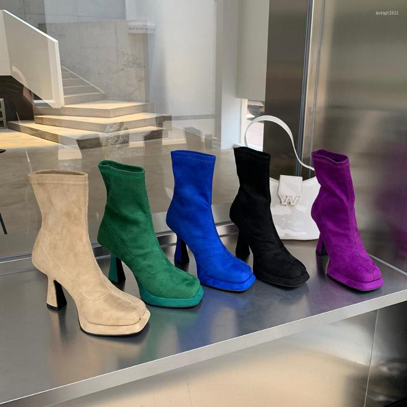 

Boots Flock Women Ankle Platform Shoes Green/Blue/Black/Purple/Beige Sock Booties Round Toe Winter Stretch Thin High Heels