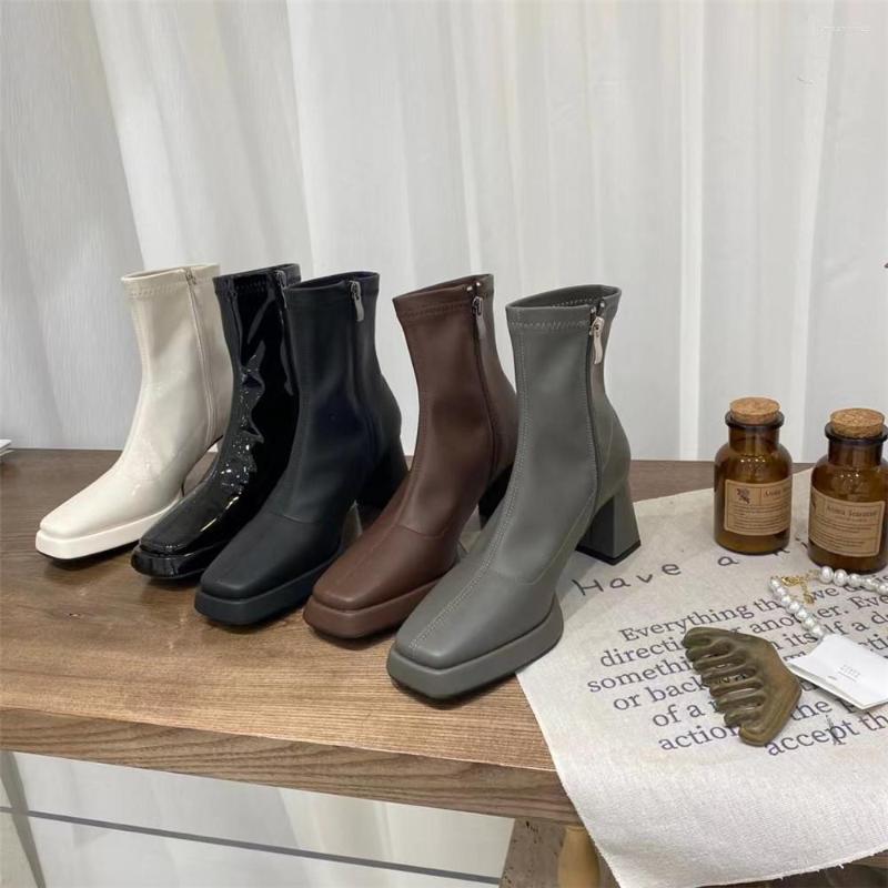 

Boots Fashion Women Ankle Square Toe Platform Shoes Black White Brown Grey Thick High Heels Side Zipper Autumn Short Botas 39, Black 1