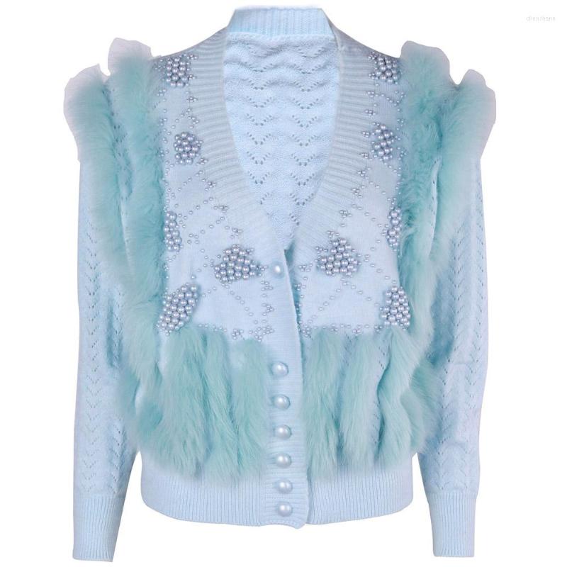 

Women's Knits YOLOAgain Srping Ladies Elegant V-Neck Beading Sweater Cardigan Real Fur Trim, Sky blue