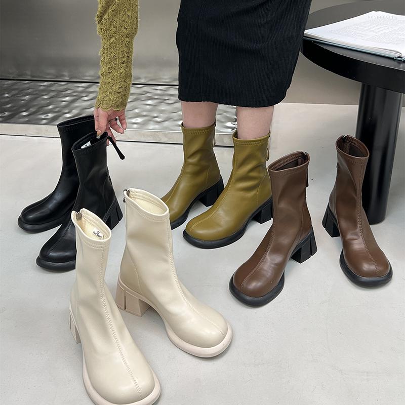 

Boots Round Toe Women Ankle S Platform Thick Mid Heels Sock Woman Back Zipper Black White Green Brown Winter