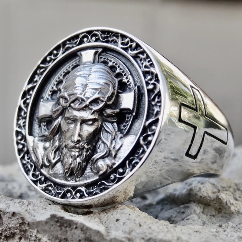 

Vintage Jesus Cross Carved Engraved Signet Ring for Men Retro Domineering Silver Color Metal Finger Rings Male Punk Gothic Party Jewelry Accessories Gifts