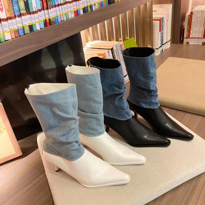 

Boots Fashion Women Mid Calf Booties Denim Mixed Color Sexy Autumn Winter Back Zipper Black White Party Pumps Shoes Woman 39