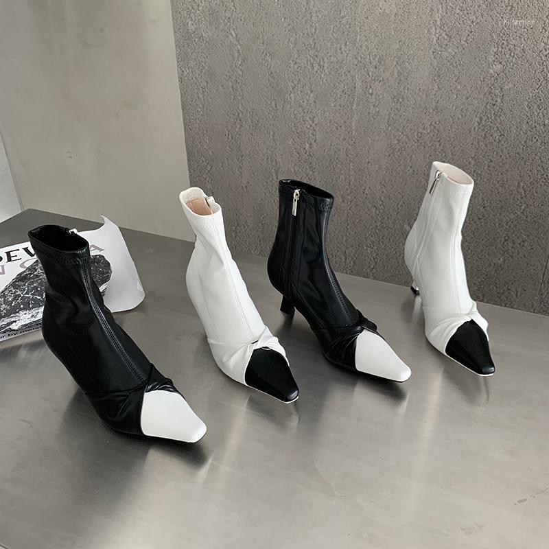 

Boots Mixed Color Women Sock Thin Mid Heels Bow Design Side Zipper Black White Fashion 2022 S Party Stretch Shoes