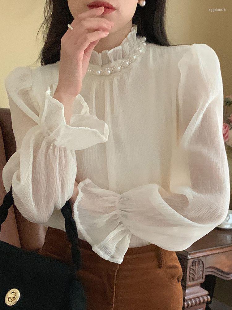 

Women's Blouses Alien Kitty Korean Stand Pearls Stylish All Match Elegance 2022 Office Lady Hollow Out Femme Work Wear Chic Tops, Photo color