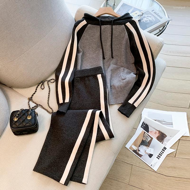 

Women' Two Piece Pants Women Winter Warm Knitted Suit Hooded Sweater Top And Pant Set Matching Outfit Outwear Thicken Stripe Fashion, Grey