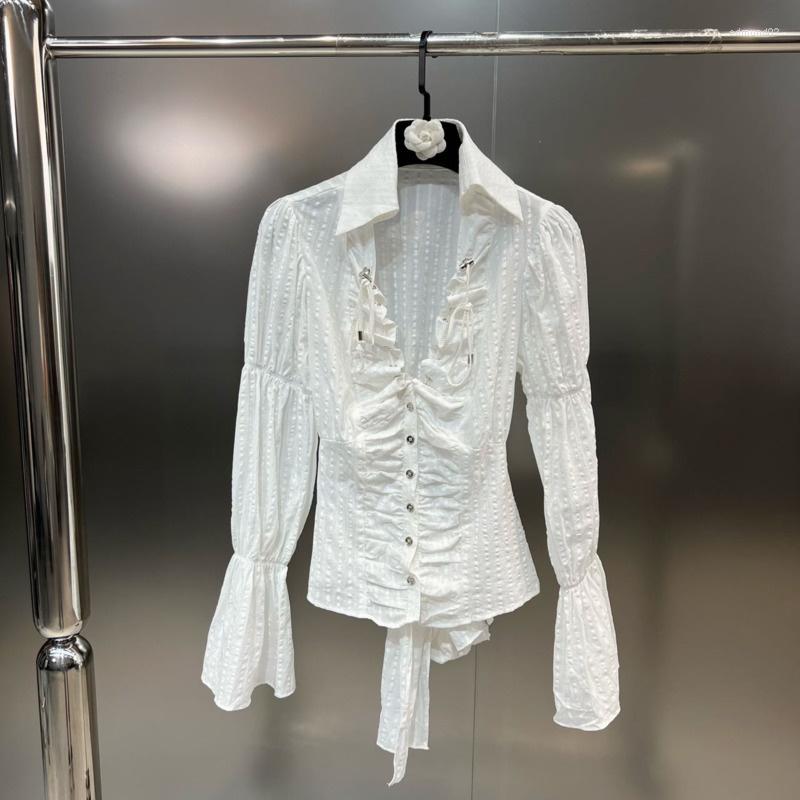 

Women' Blouses BORVEMAYS White Elegant Women Shirt Lapel Long Sleeve Single-breasted Solid Color Drawstring Loose Blouse 2022 Winter WX164