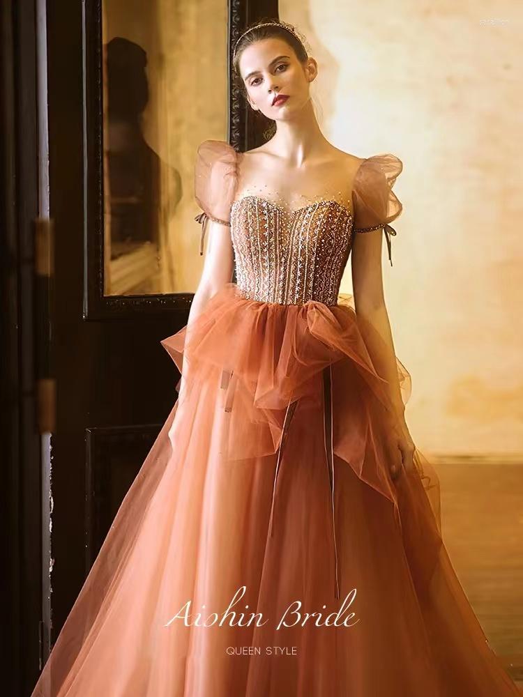 

Party Dresses Elegant Brown Sweetheart Prom Dress A Line Floor Length Crystal Beaded Tiered Tulle Lace Formal Evening Ball Gowns Vestido, Photo color