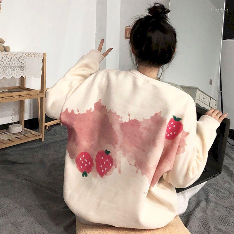 

Women's Sweaters Women's Tie-dye Hoodies Gradient Strawberry Print Oversized Long-sleeved O-neck Women Autumn Winter Kawaii Plus Velvet, Pink
