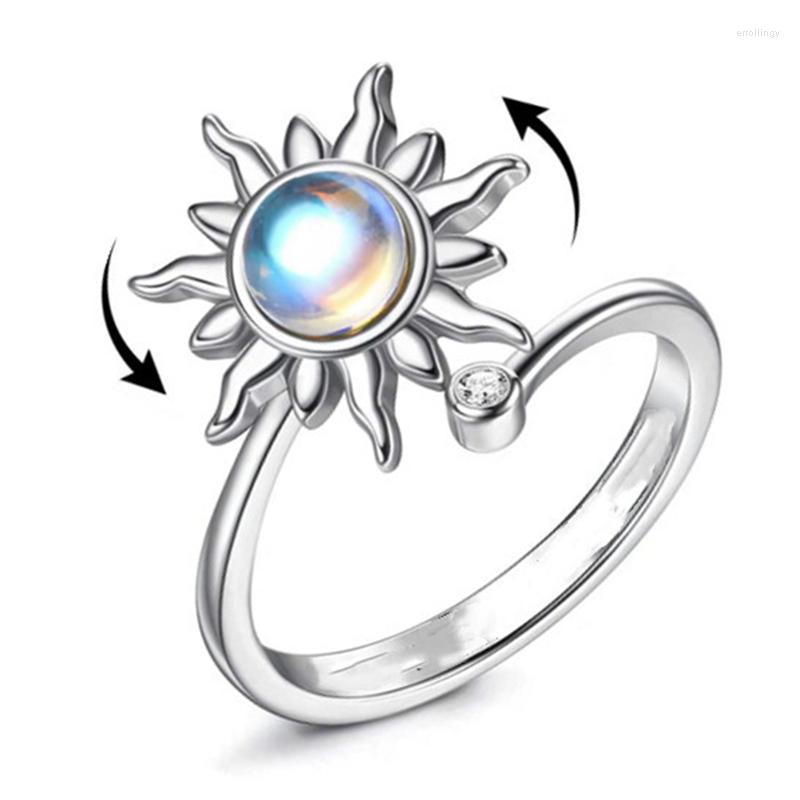 

Cluster Rings Women Sunflower Spinner Ring Open Adjustable Fidget For Anxiety Relieving Stress CZ Flower Moon Star Stackable
