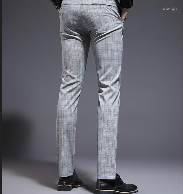 

Men's Suits Mens Casual Pants Korean Slim Trousers Plaid Gray Business Straight Male Pant C33
