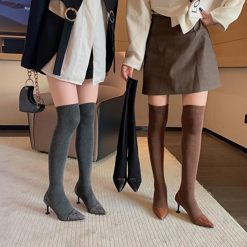 

Boots Women Over The Knee Pointed Toe Sock Woman Black/Gray/Brown Thin High Heels Slip On Dress Shoes Party Size 34-39