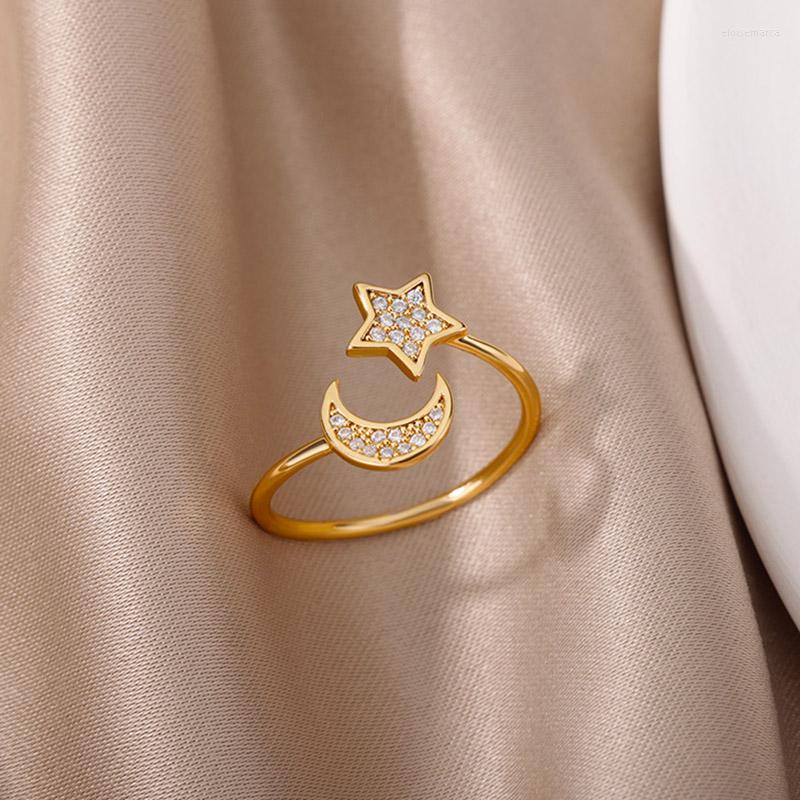 

Cluster Rings Zircon Moon Star For Women Stainless Steel Silver Color Adjustable Ring Aesthetic Jewelery Gift Bague Femme