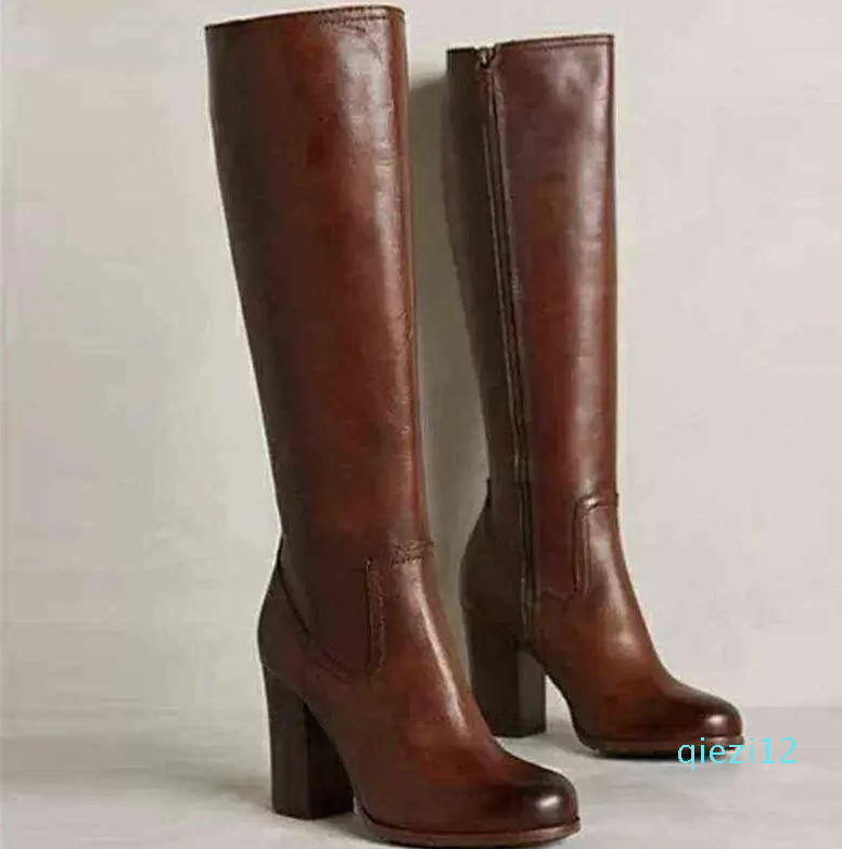 

Women Boots Woman Round Toe Square Heels High Tube Brown for Pu Leather Side