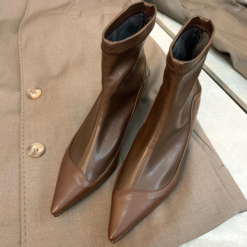 

Boots Stretch For Women Pointed Toe Thin Mid Heels Slip On Ankle Soft Leather Ladies Short Fashion Autumn, Black