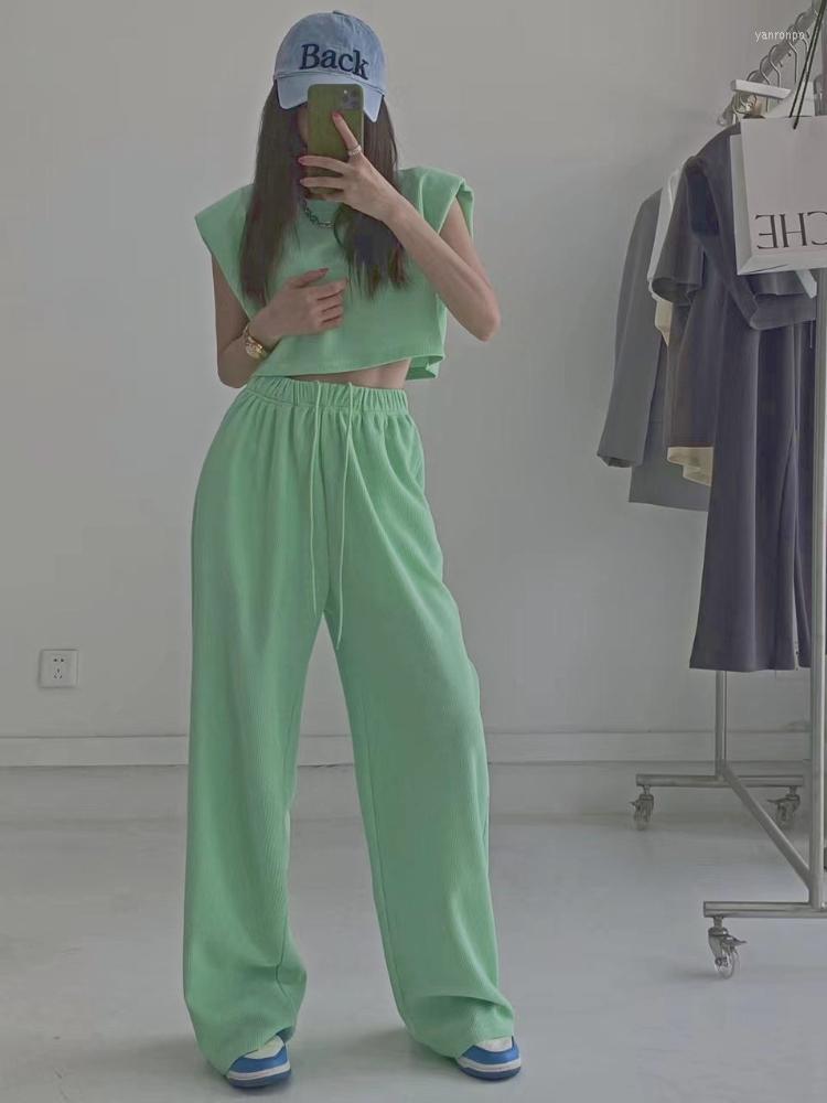 

Women' Two Piece Pants Women' Waffle Shoulder Padded Pink Summer Women T-shirt Elastic Waist Wide Leg High Street Casual, Gray