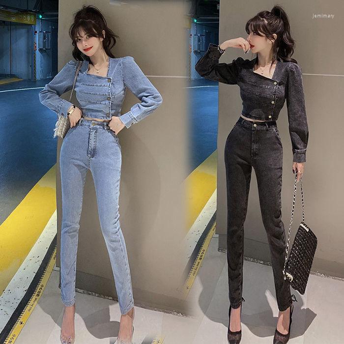 

Women' Two Piece Pants Women 2022 Spring Autumn Denim Set Female Fashion Long Sleeve Short Top High Waist Casual Sets B196, Black
