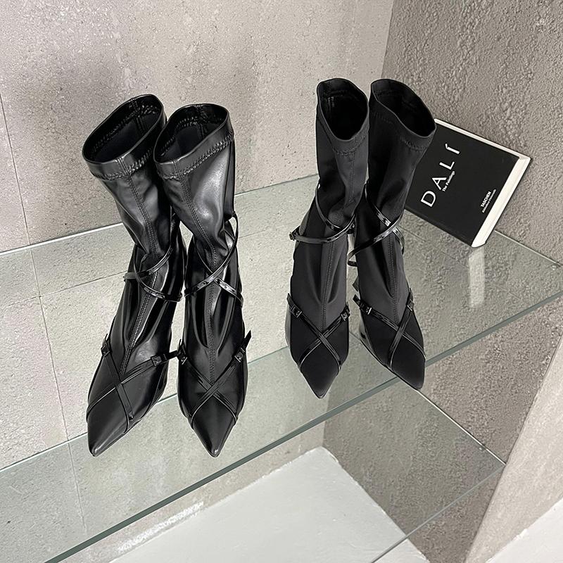 

Boots Fashion Women Stretch Sock Pointed Toe Ankle Booties Black Thin High Heels Slip On Belt Buckle Elegant Autumn Botas, Black 1