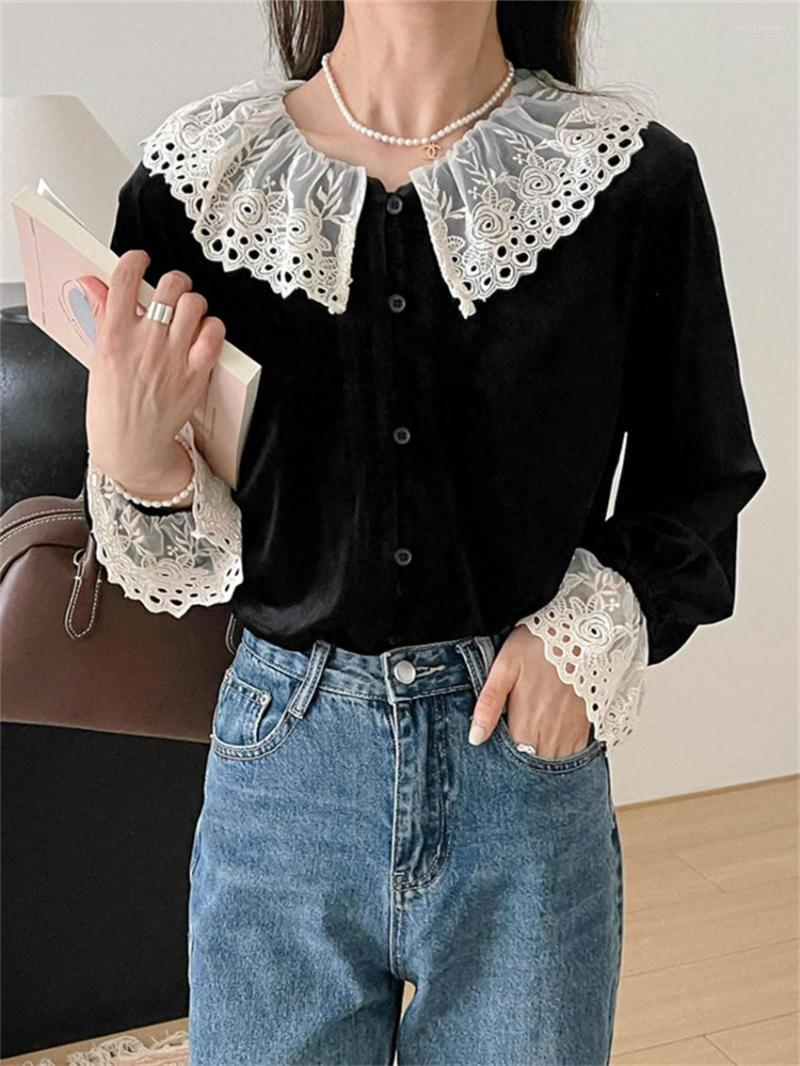 

Women's Blouses HziriP -L Lace Women Shirts Velvet OL Elegant Office Wear Slim Vintage 2022 Work Autumn Daily Mujer Warm, Black