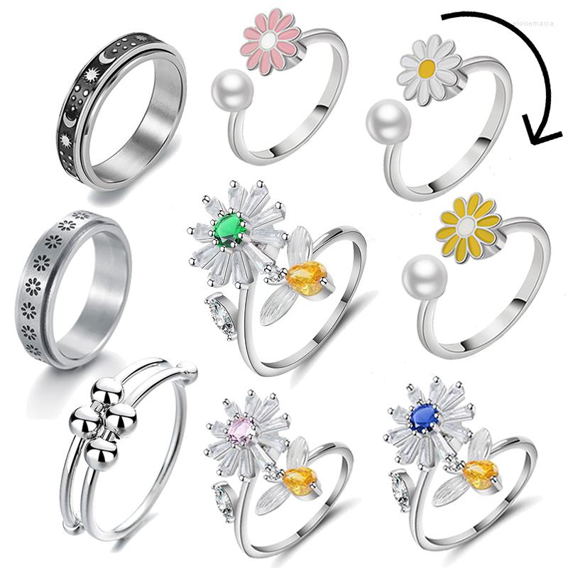 

Cluster Rings Stainless Steel Fidget Spinner Anti Stress Ring For Women Girl's Crystal Sunflower Adjustable Anxiety Jewelry