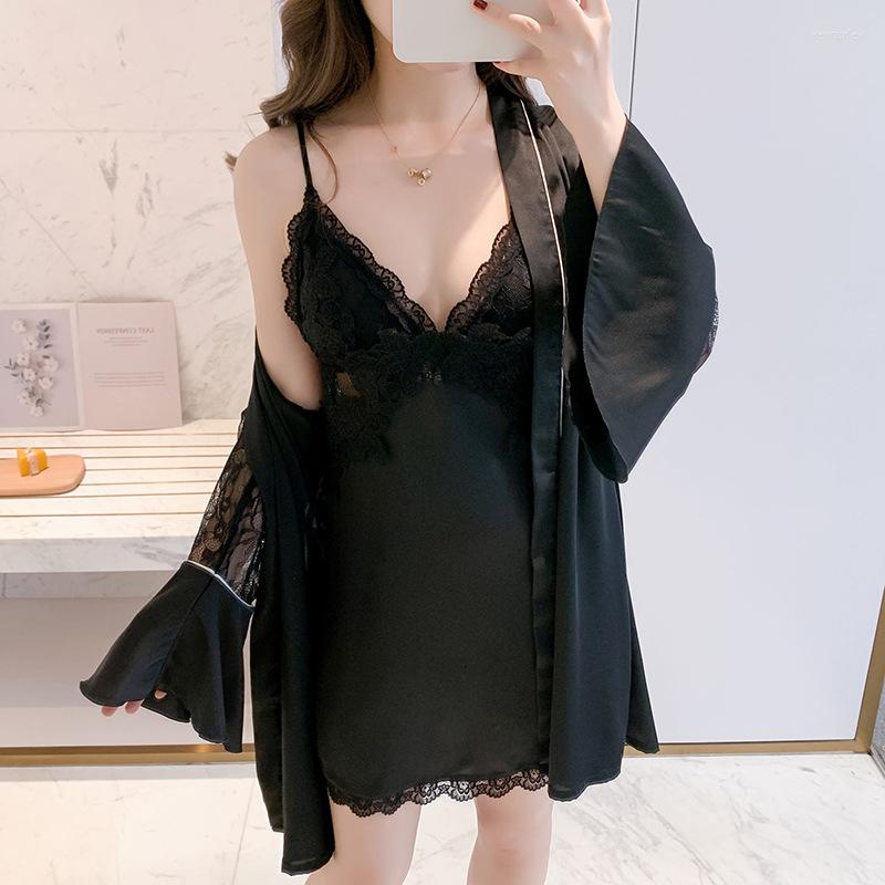 

Women's Sleepwear FZSLCYIYI Autumn Sexy Embroidery Applique Silk Women Bathrobe Mini Night Dress 2Pcs With Chest Pad Pajamas, White 1pcs