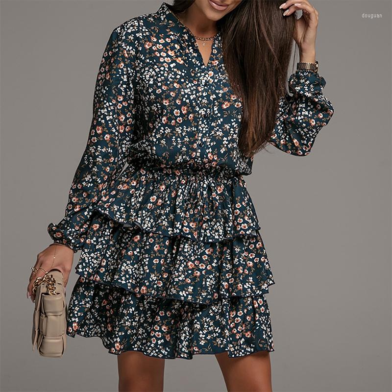 

Casual Dresses Women V Neck Cascading Ruffle Dress Spring Autumn Long Sleeve Floral Print Pullover Loose Button Mini For Female, Black