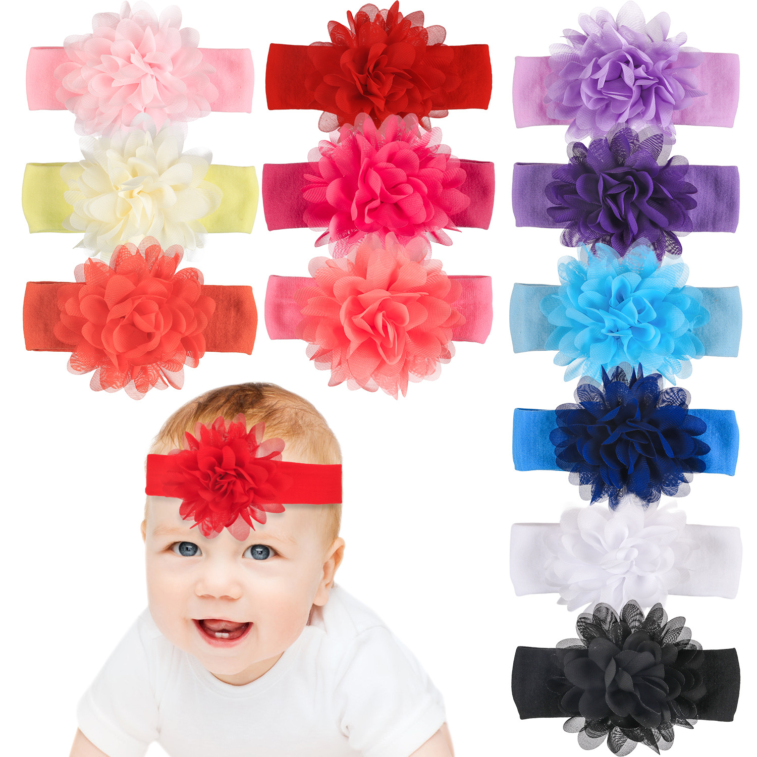 

Baby Headbands European And American Foreign Trade Children's Hairband Girl Mesh Adjustable Stereoscopic head Guard Flowers Cute Baby Hair Accessories, As shown 12 colors