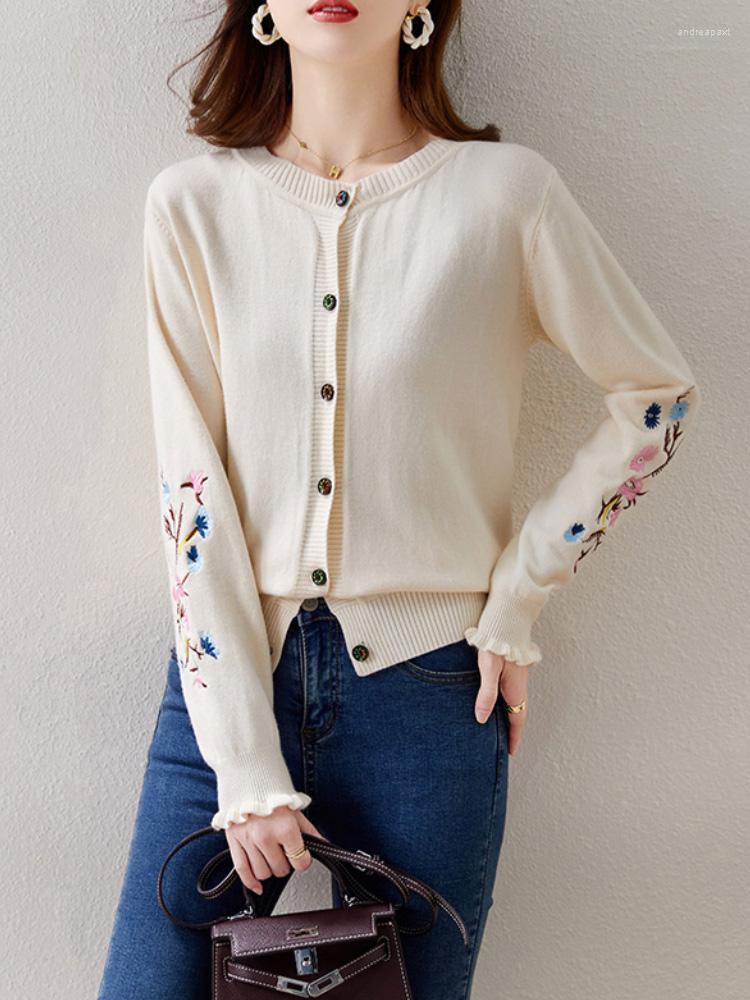 

Women' Knits Korean Style Knitted Cardigan Coat Autumn Women' Sweater Elegant Embroidered Retro Round Neck All-match, Beige