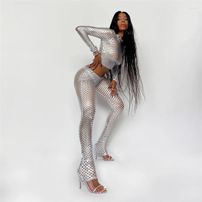 

Women' Two Piece Pants SUJYing Autumn Women' Nightclub Performance Long Sleeve Round Neck Mesh Hole Sexy Tights Two-piece Set, Silver