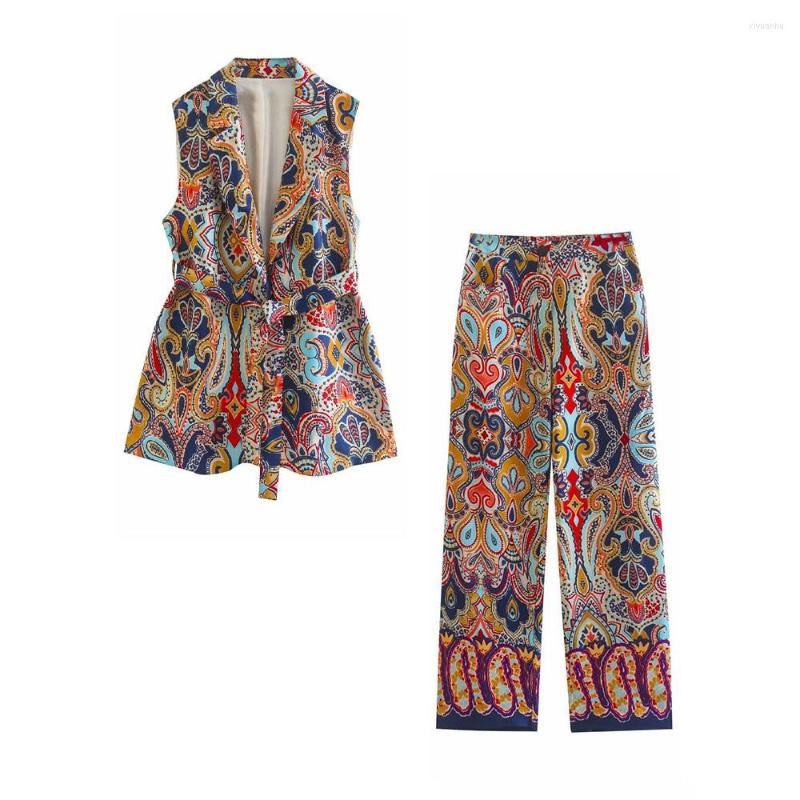 

Women's Suits ZAA Fall 2022 Women's Fashion Retro Casual Lapel Buckle With Belt Decoration Chic Print Office Slim Long Suit Vest Jacket, As shown