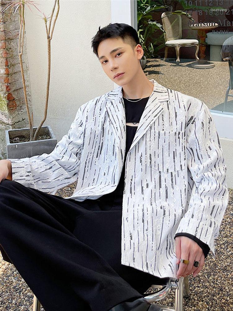 

Men's Jackets Suit Autumn Lace Fabric Collar Long Sleeve Korean Fashion Men Coat 2023 Contrast Color Single Breasted Male Tops 2A5228, Black