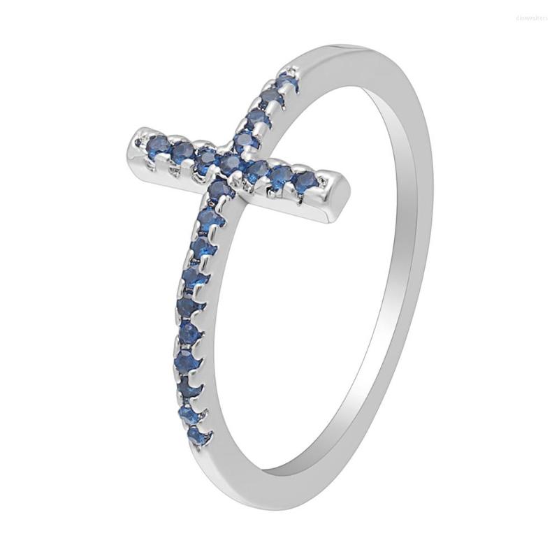 

Wedding Rings Religious Trend Sideways Cross Ring Royal Blue Black Czech Zircon Crystal Mixed Size Silver Plated Engagement For Women