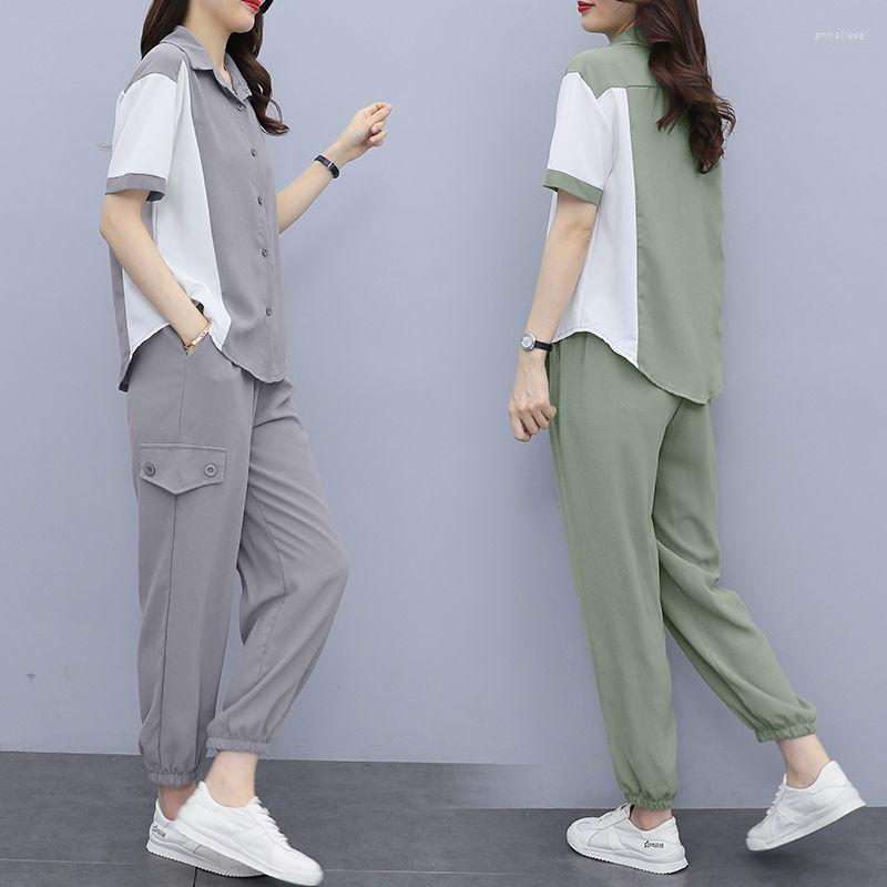 

Women's Two Piece Pants Fashion Summer Women's Two-piece Sportswear Patchwork Short Sleeve Top And Sports Suit Harem Sets Casual Trend, Green