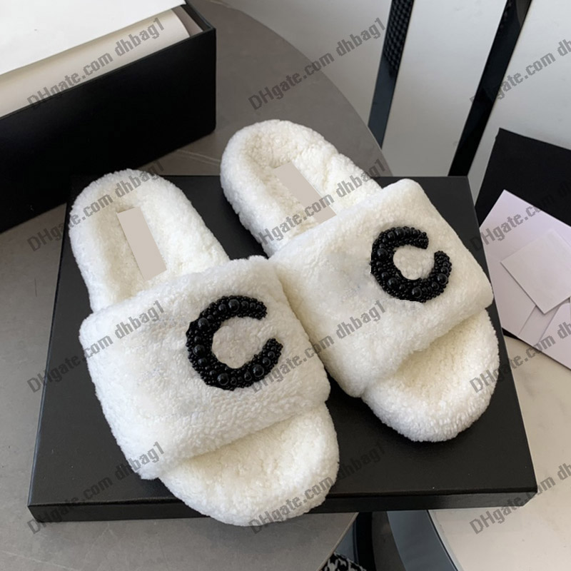 

Classic Womens Slippers Wool Faux Pearl Slides Designer Mules With Letter Flip Flops Booties Warm Comfy Non-slip Retro Black Luxurys Indoor Shower Room Casual Shoes