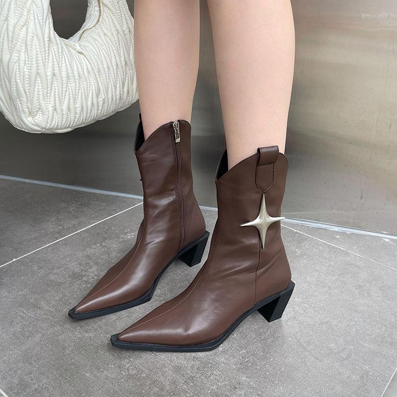 

Boots Pointed Toe Women Ankle Black Brown White Square Thick High Heels Slip On Side Zipper Fashion Party Pumps Autumn Winter