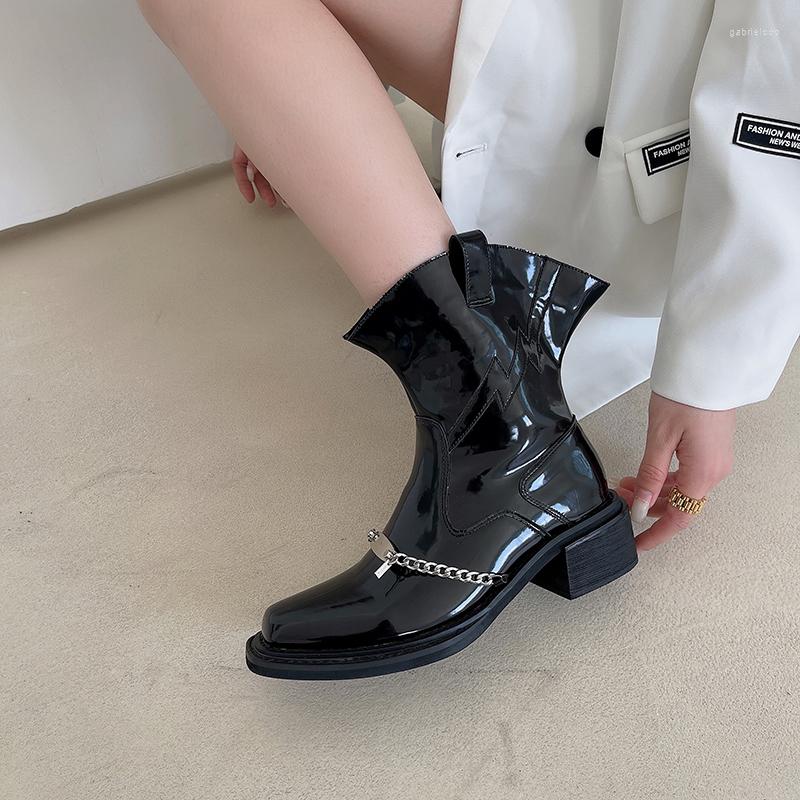 

Boots Sexy Women Ankle Patent Leather Winter Short Woman 2022 Arrivals Party Pumps Thick Low Heels 39, Black 1