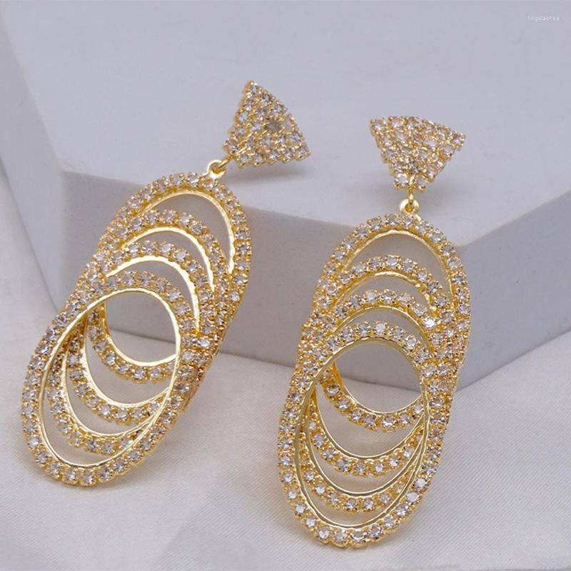 

Dangle Earrings Long Gold Color Metal Round Drop Fully Studded With Crystals High-Quality Rhinestone Jewelry Accessories For Women