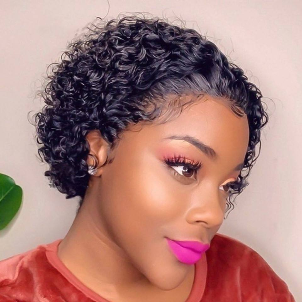 

Fashion Jerry Curl Short Pixie Cut Wig Bob 150% T Part Lace Front Human Hair Wigs For Black Women Pre Plucked With Baby Hair 6inch, Natural black