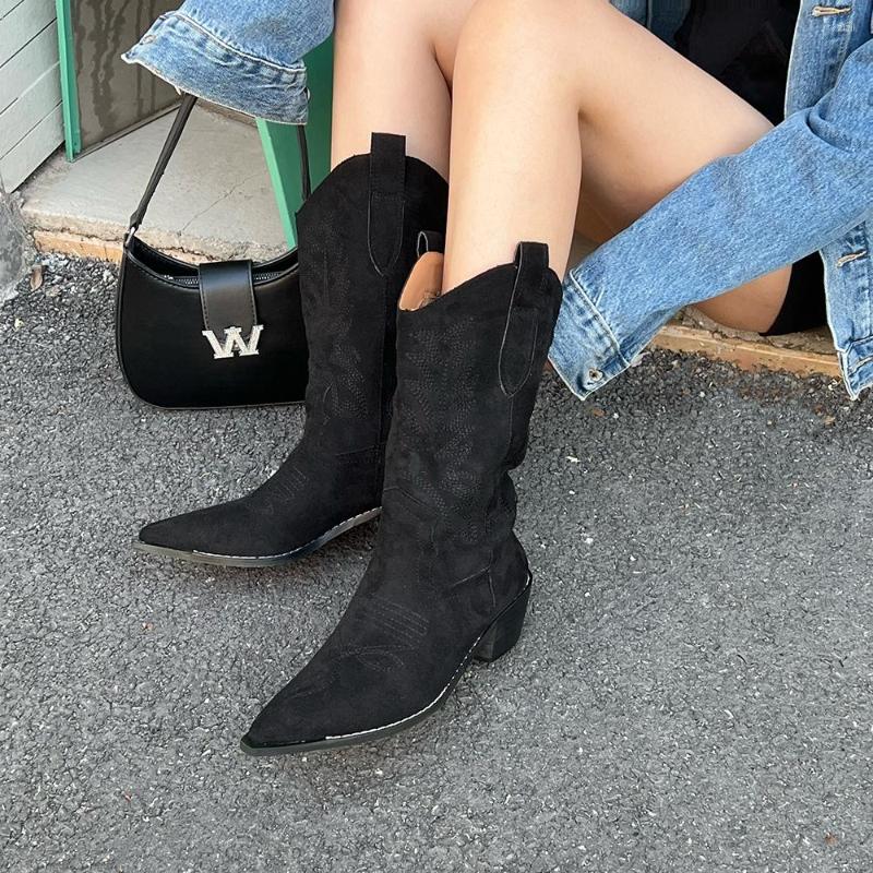 

Boots Pointed Toe Women Mid Calf Black Beige Embroidery Design Thick Flat Heels Shallow Slip On Western Botas Size 35-39