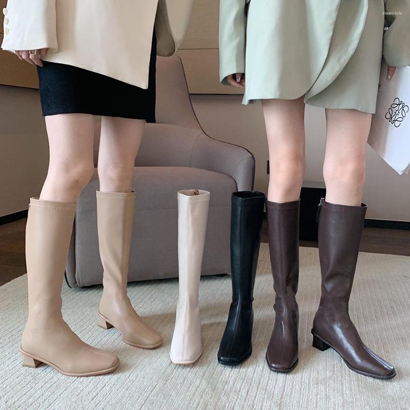 

Boots Round Toe Women Knee High Thick Mid Heels 2022 Arrivals Back Zipper Khaki White Black Brown Dress Shoes Woman Size 39