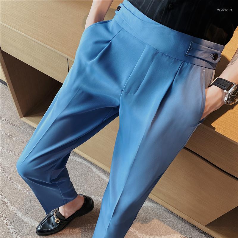 

Men's Suits 2022 Summer Ice Silk Thin Business Dress Pants Men Solid Color High Waist Office Social Suit Wedding Casual Slim Trousers, Blue